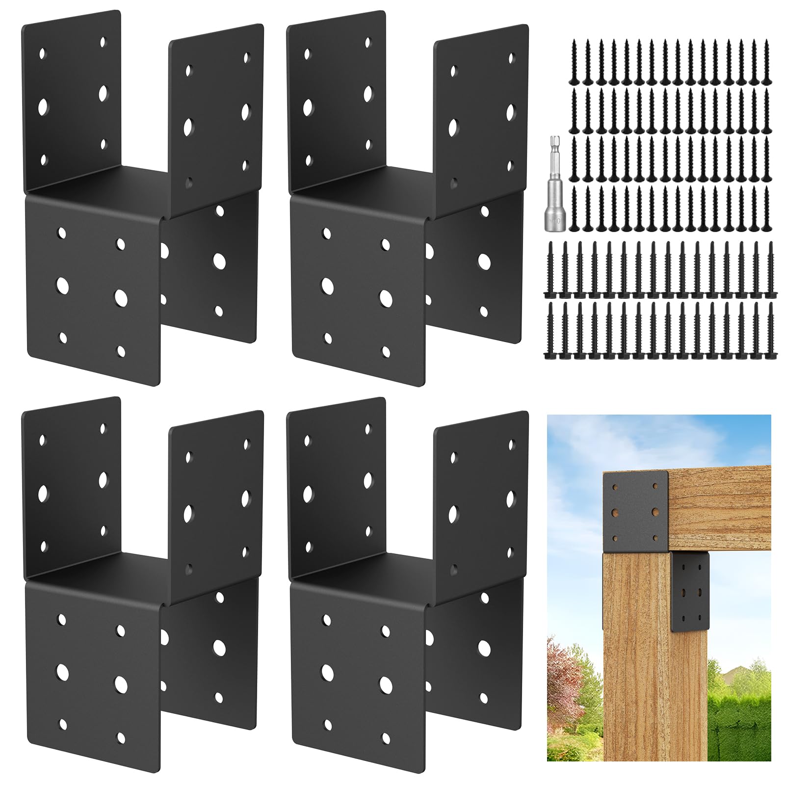 Photo 1 of 4pcs Heavy-Duty Post Brackets Kit - 4x4 Wood Deck Mounting, 14-Gauge Steel Base & Anchor Connectors with Screws, Secure Brackets for Wood Posts to Decks (4pcs Caps Tie Bracket)