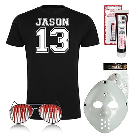 drucksda Halloween Fasching Kostüm Set Jason 13 Michael Myers Kostüm Verkleidung Set Shirt und Brille Pilot H20 Maske Kunstbl