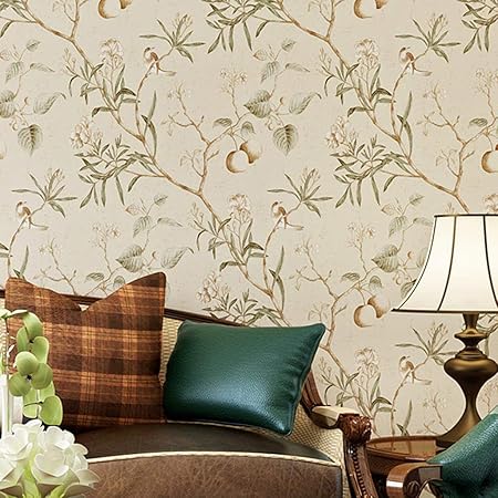 Kairry Wand Vintage Flower Baume Vogel Tapete Fur Wohnzimmer Schlafzimmer Kuche 0 53m 10m Color Light Yellow Amazon De Kuche Haushalt