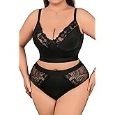 Womens Plus Size 2 Piece Sheer Lingerie Set Floral V Neck Lace Mesh 3/4 Cup | SecWpnConfy Outfits Exotic Underwear High Waist Panty Intimates Boudoir Sleepwear Nightwear Adjustable Soft and comfortable