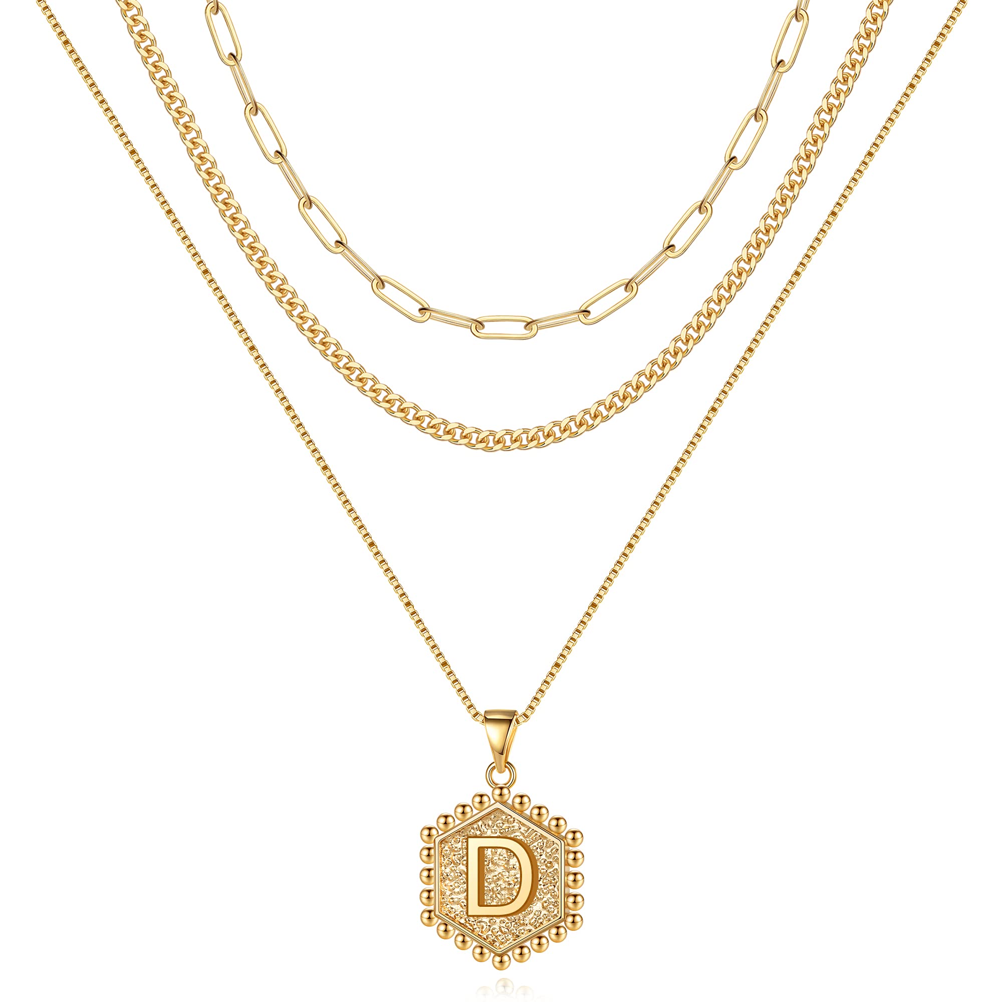 Layered Initial Necklaces for Women, 14K Gold Plated Layering Gold Necklaces for Women Dainty Coin Letter Pendant Paperclip Link Chain Choker Necklaces Gold Initial Necklaces for Women