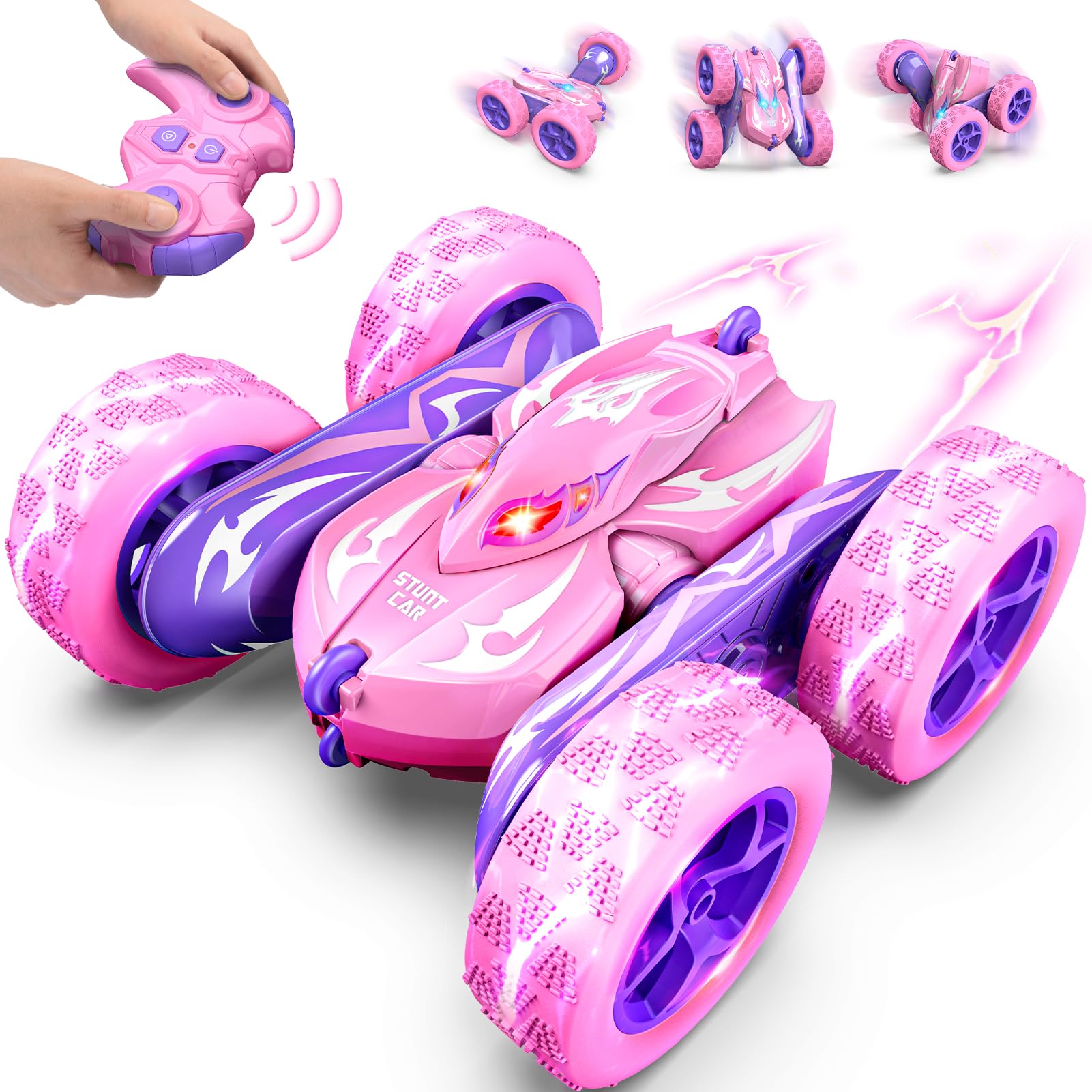 HappyGoLucky 360° Flips Girls Unicorn Remote Control Cars, 15KM/H, 2.4GHz Kids Girls Toys Age 3 4 5 6, RC Stunt Car Outdoor Garden Toys Birthday Presents Easter Gifts for 3-12 Year Olds Girls, Pink
