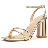 Viciously Vixen Women's Block High Heels Square Toe Heeled Sandals Ankle Strap Shoes