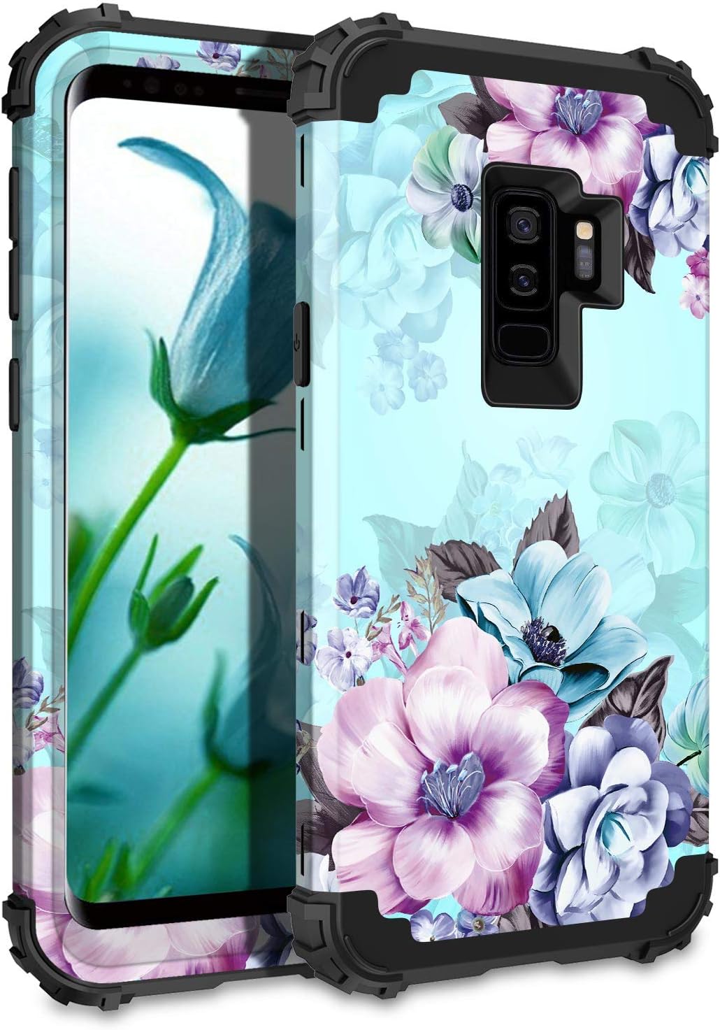 Casetego Compatible Galaxy S9 Plus Case,Floral Three Layer Heavy Duty Hybrid Sturdy Armor Shockproof Full Body Protective Cover Case for Samsung Galaxy S9 Plus,Blue Flower
