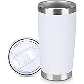 VQRRCKI 20 oz Tumbler Stainless Steel Tumblers Bulk with Lid Double Wall Insulated Coffee Tumbler Cups for Hot & Cold Drinks Powder Coated Travel Coffee Tumbler Mug Metal (White, 1 pack)