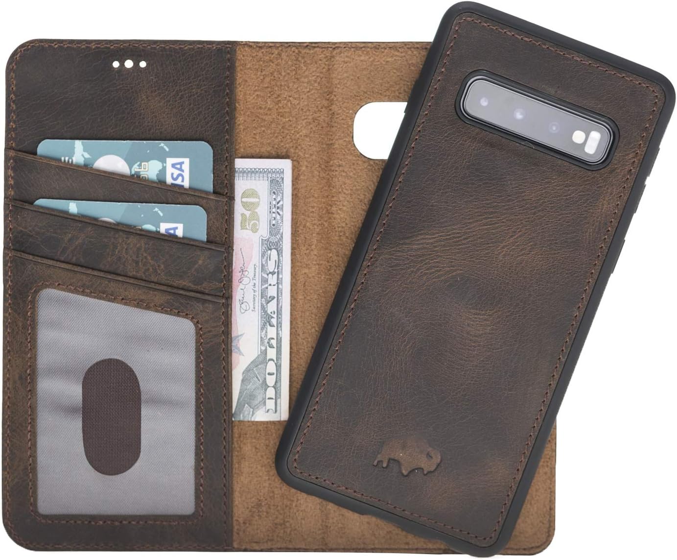 Burkley Case Magnetic Detachable Leather Wallet Folio Case with Snap-on Cover Designed for Samsung Galaxy S10 (6.1 inch), Hand-Wrapped in Premium Turkish Leather (Distressed Antique Coffee)