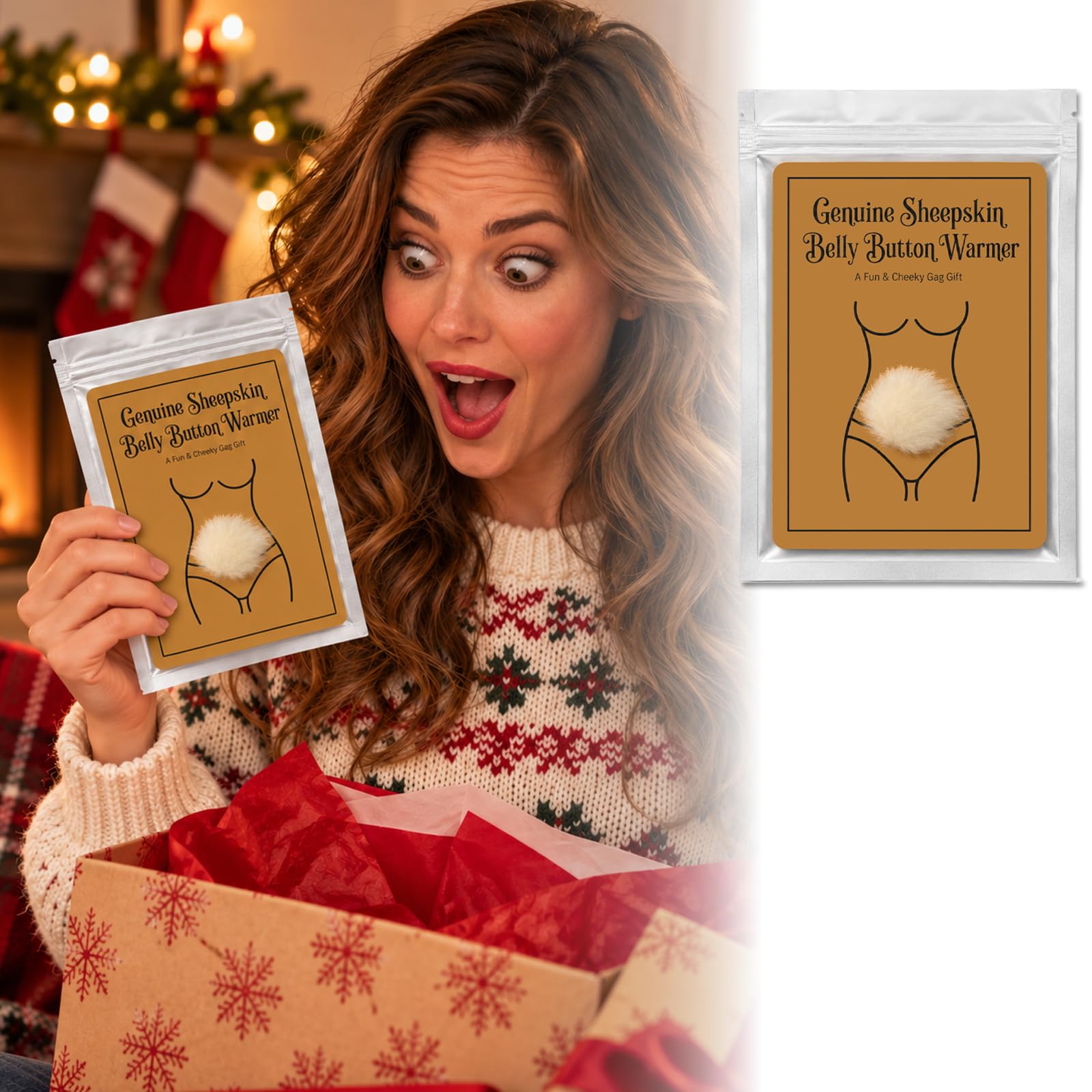 Caelvyn Genuine Sheepskin Belly Button Warmer, Funny White Elephant Gifts for Adults, Novelty Gag Gift for Men and Women, Secret Santa, Funny Coworker Gift