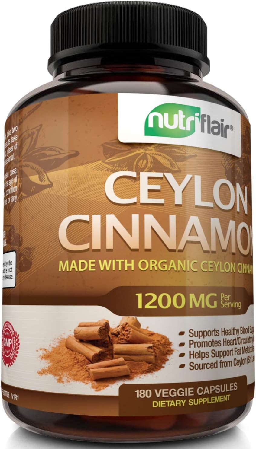 NutriFlair Ceylon Cinnamon (Made with Organic Ceylon Cinnamon) 1200mg per Serving, 180 Capsules - Healthy Blood Sugar Support, Joint Support, Anti-inflammatory & Antioxidant - True Sri Lanka Cinnamon: Health & Personal Care