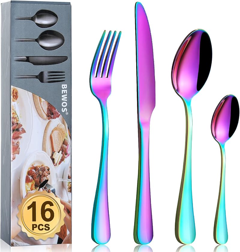 BEWOS 16-Piece Rainbow Stainless Steel Flatware Set Service for 4