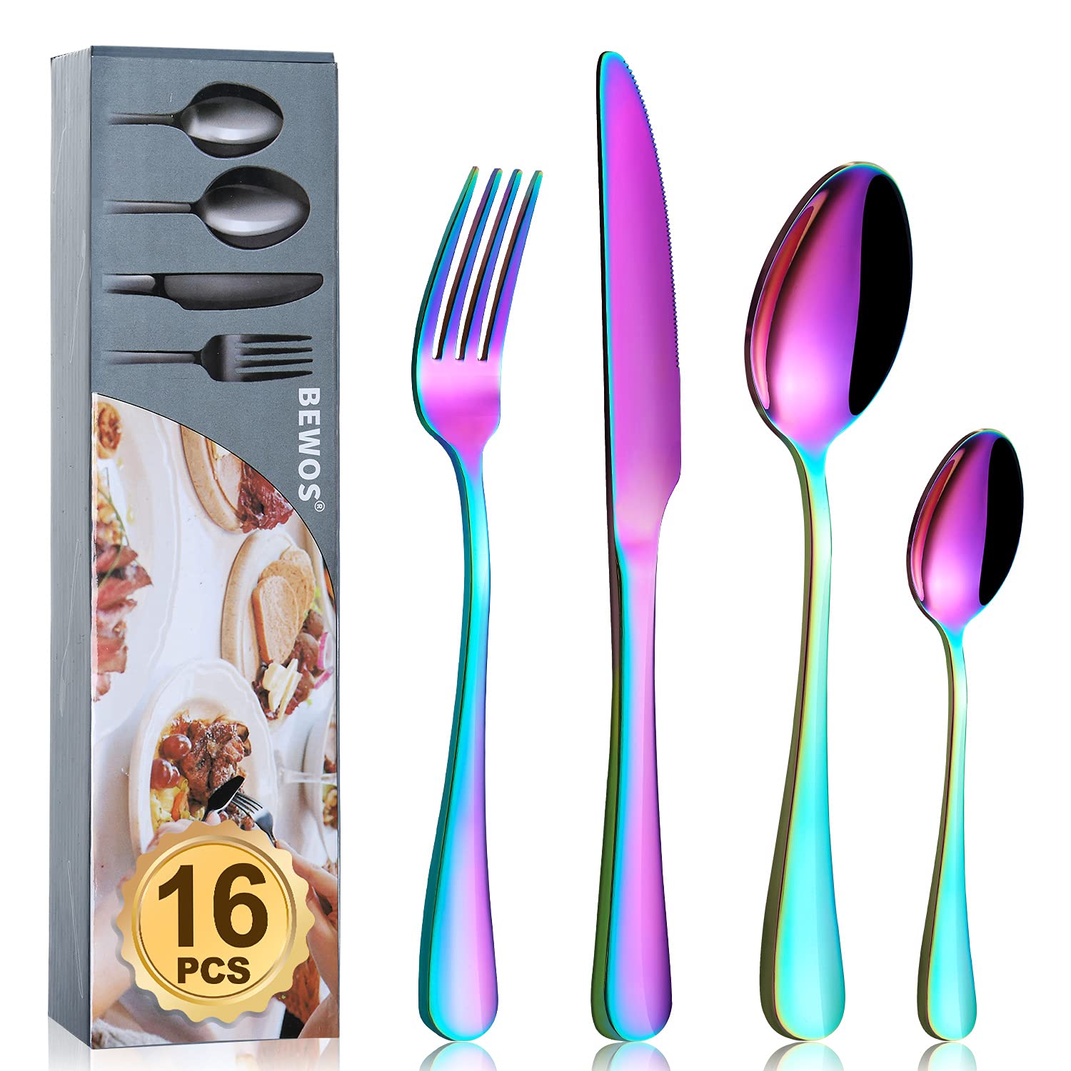 Cutlery Set, BEWOS 16-Piece Stainless Steel Flatware Set, Tableware Silverware Set with Rainbow Spoon Knife and Fork Set, Service for 4, Dishwasher Safe/Easy Clean, Mirror Polished
