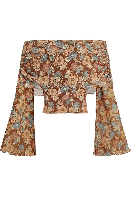 MakeMeChic Women's Floral Mesh Crop Top – Long Sleeve Square Neck Ruched Tee - View #4