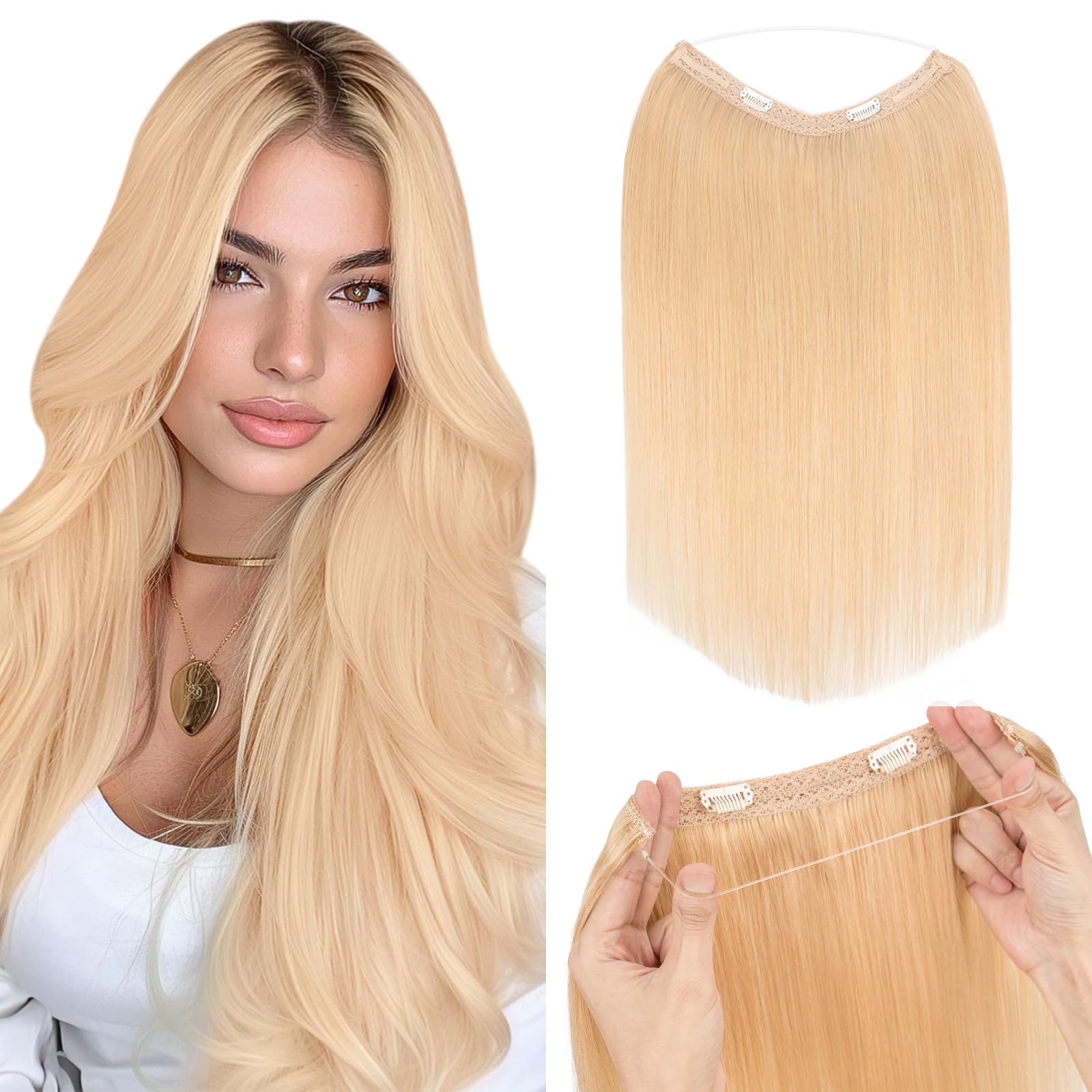Silk-co 18inch Silk-co Secret Wire In Hair Extensions Invisible One Piece Natural No Clip Invisible Remy Human Hair Straight 3/4 Full Head #24 Natural Blonde