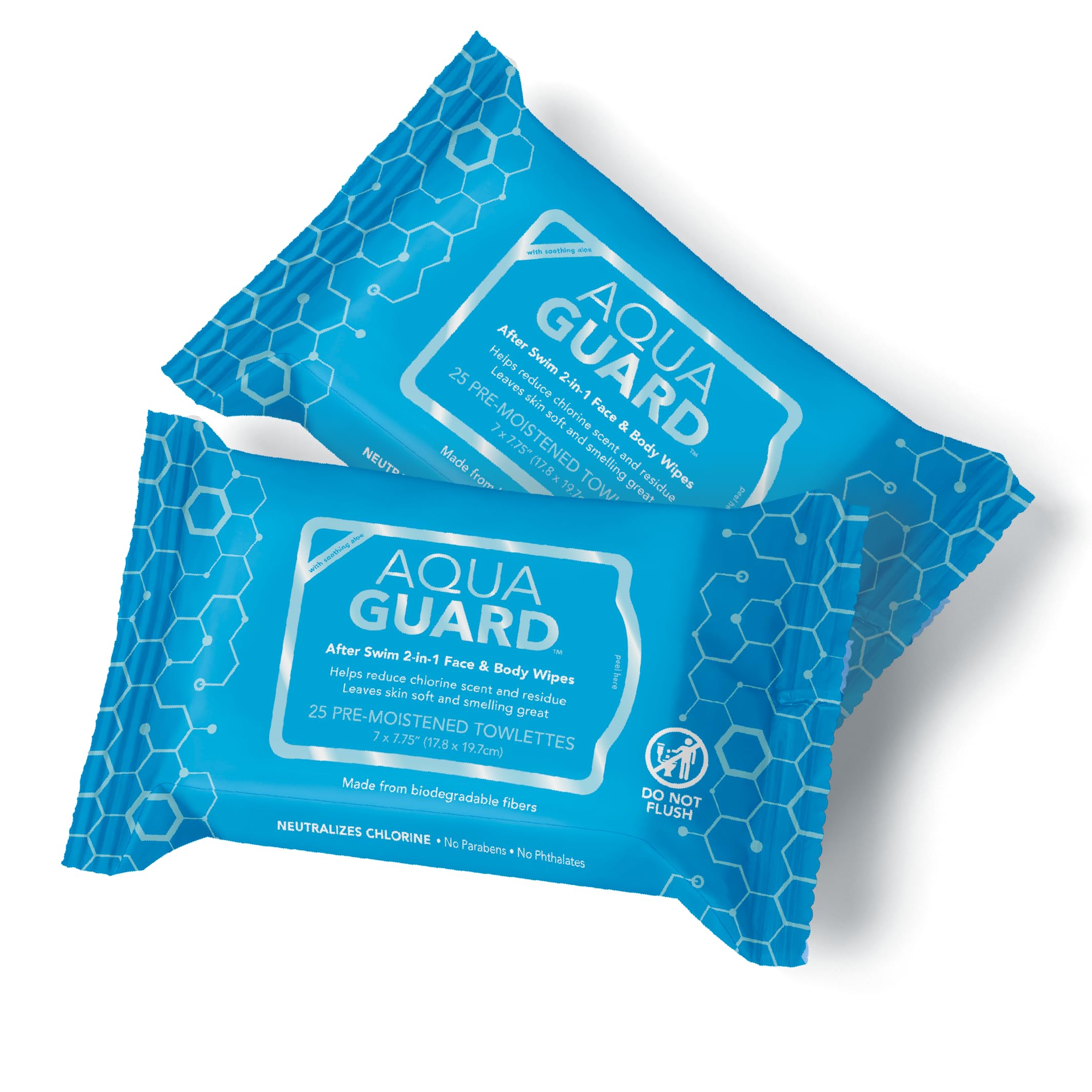 AQUA GUARD After-Swim Face & Body Wipes | Neutralize chlorine scent and residue | Moisturizing RINSE-FREE Formula (2 Packs of 25)
