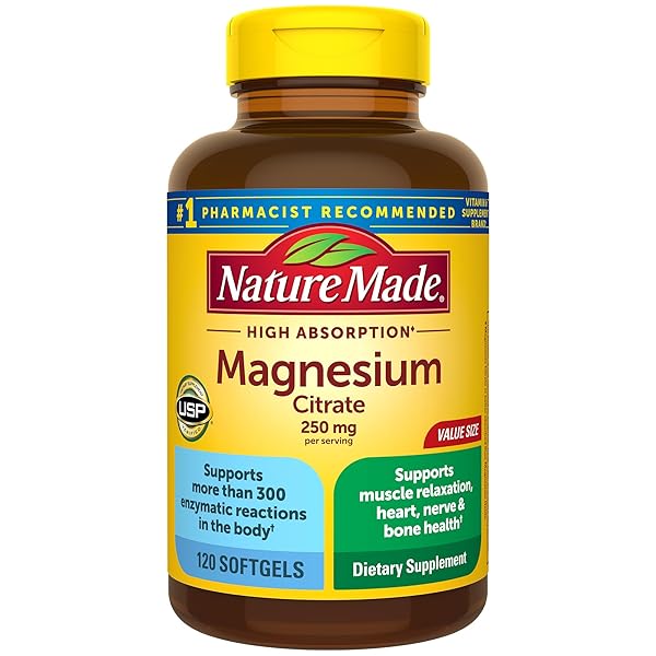 NATURE MADE MAGNESIUM CITRATE 250 MG PER SERVING, MAGNESIUM SUPPLEMENTS FOR MEN AND WOMEN, SUPPORT FOR MUSCLE, NERVE, BONE AND HEART, 120 SOFTGELS, 60 DAY SUPPLY