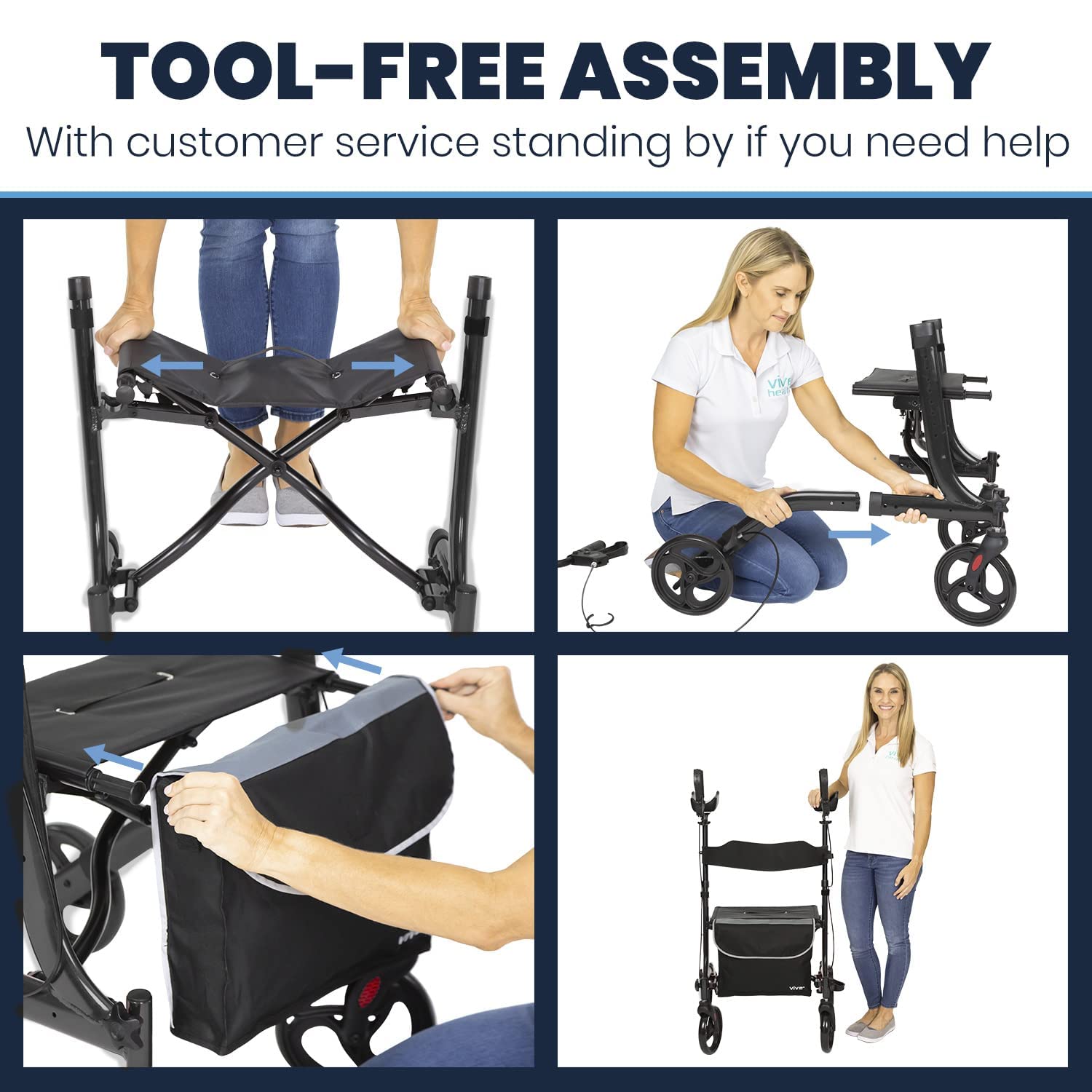Vive Mobility Upright Walker with Seat - Stand Up Rollator, Arm Rests, Heavy Duty, Folding Medical Aid Scooter for Elderly, Seniors - Walking Assist, Foldable Transport Chair - 300 lb Capacity