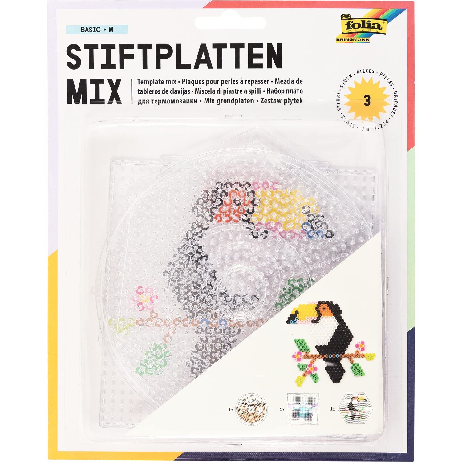 folia 73214 Ironing Beads Pegboards Mix, Basic Medium, 3 Assorted Designs, 3 Transparent Pegboards for Ironing Beads with a Diameter of 5 mm, Circle, Square and Hexagon