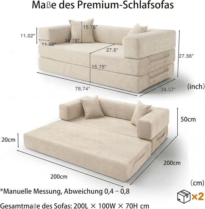 200cm Modulares Sofa, aus Hochwertiges Cord mit Hochdichter Schaumstoff, 5-in-1 Umwandelbares Vielseitig 3-Sitzer Schlafsofa für das Wohnung, Weiß