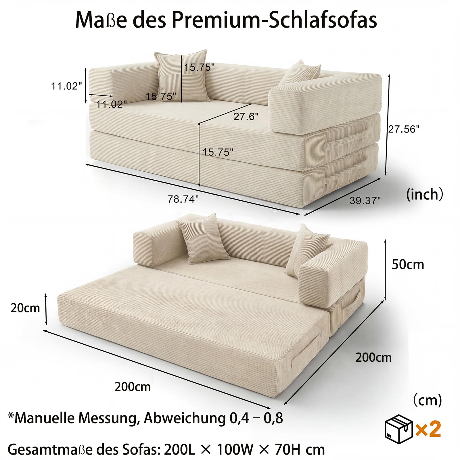 200cm Modulares Sofa, aus Hochwertiges Cord mit Hochdichter Schaumstoff, 5-in-1 Umwandelbares Vielseitig 3-Sitzer Schlafsofa für das Wohnung, Weiß