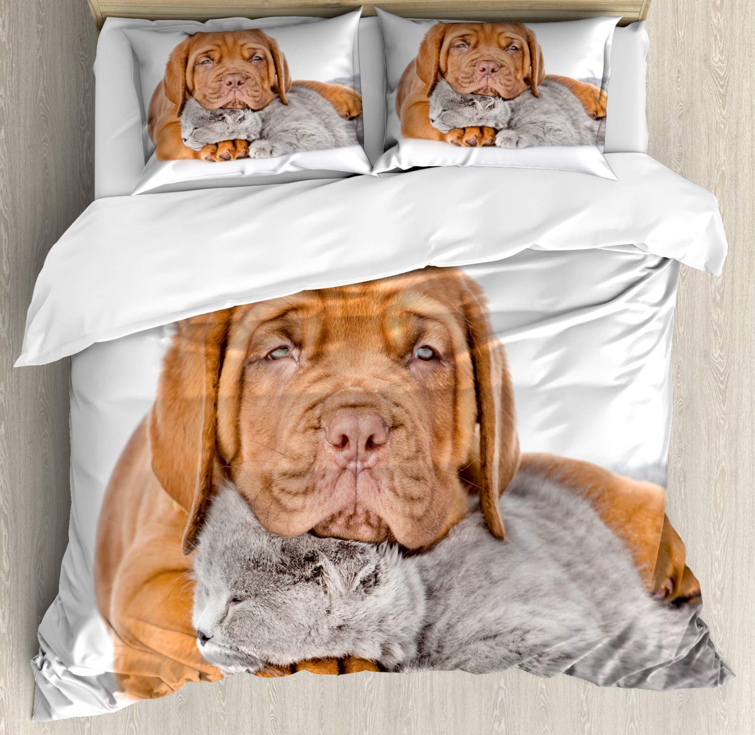 ABAKUHAUS Dog and Cat Duvet Cover Set, Sad Bordeaux and Kitten, Bedding Set 3 Pieces with 2 Pillow Shams, 200 x 200 cm - 70 x 50 cm, Ginger Pale Grey White