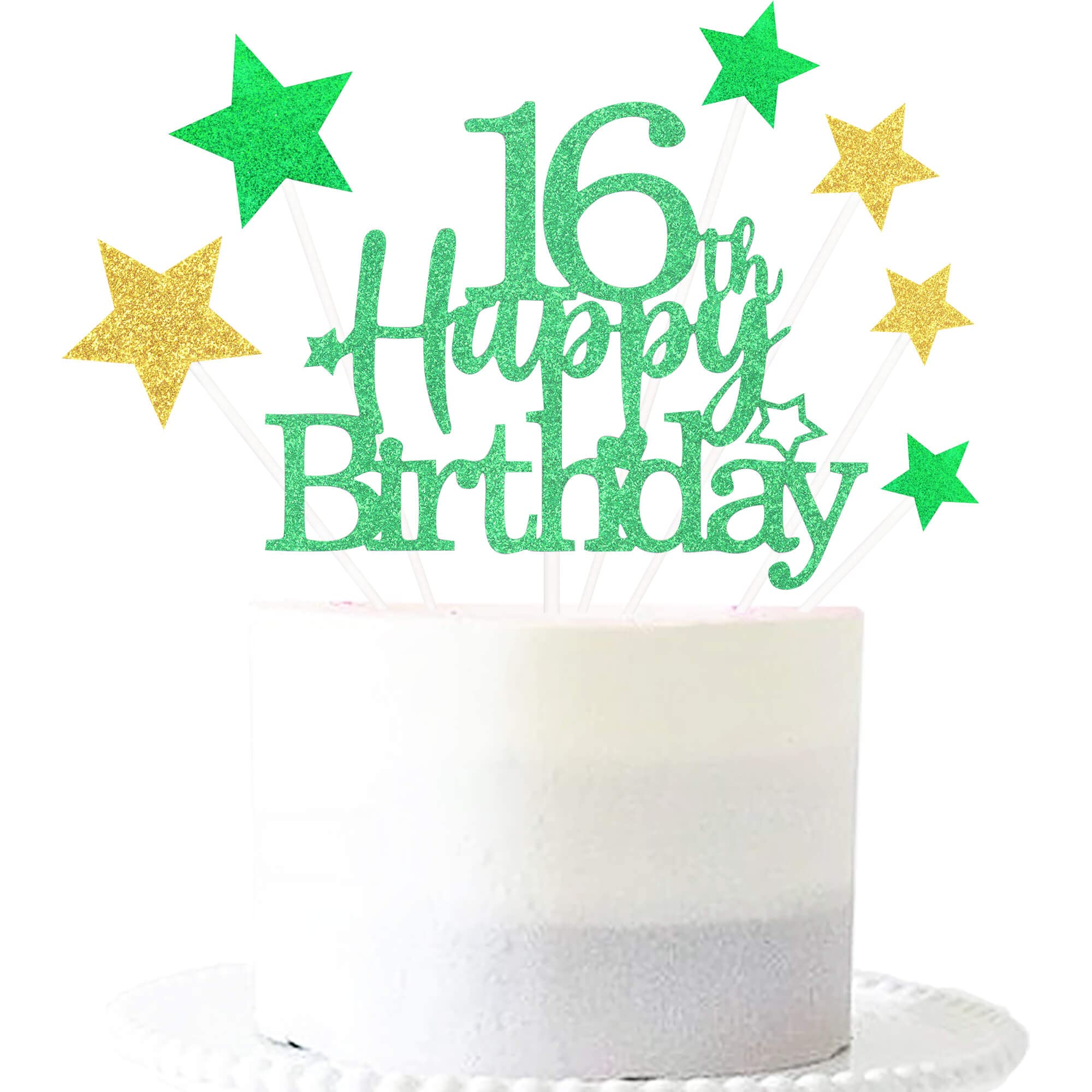Glittery 16th Happy Birthday Cake Topper with Star,Personalised 16 Birthday Cake Toppers Party Decorations Party Supplies for Boys Girls Green Gold