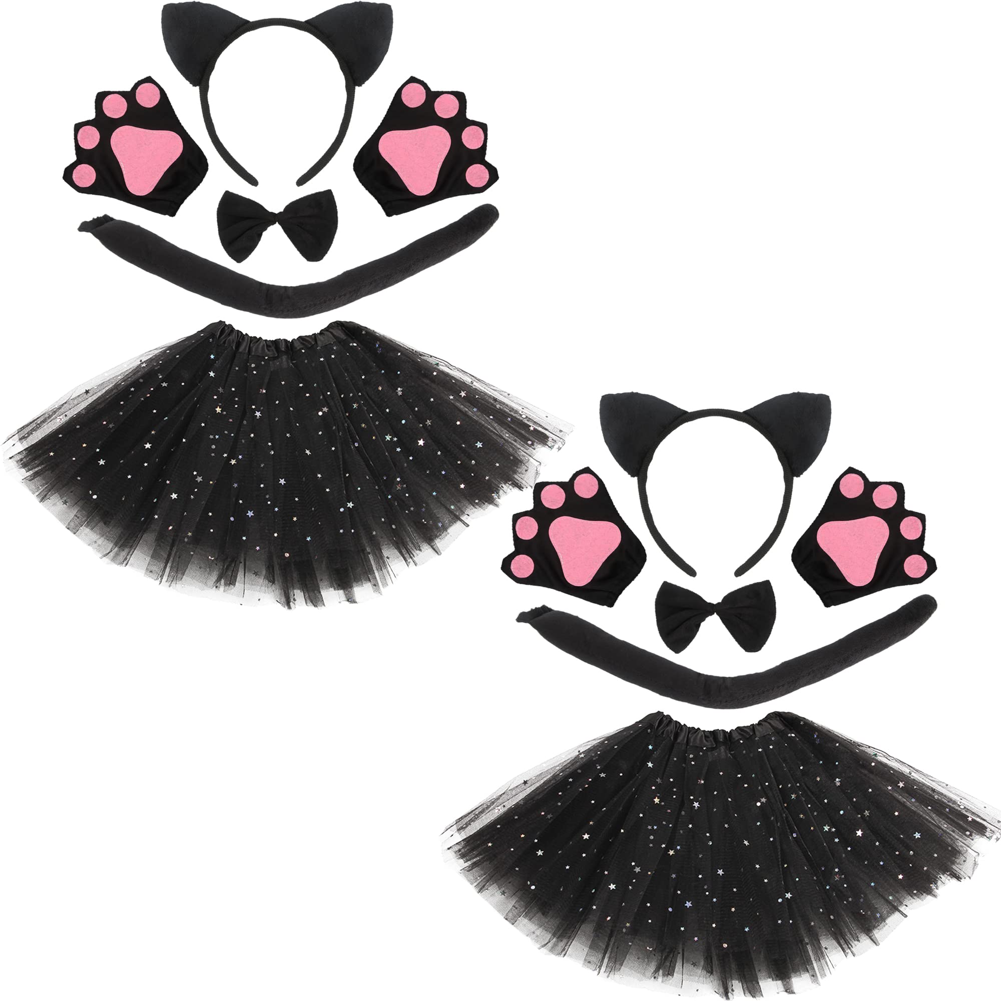 Cotiny 10 Pieces Black Cat Costume Set Headband Tail Bowtie Skirts Kids Cat Cosplay Party Accessories for Girls Halloween Cat Costume 3-8yrs