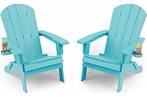 YEFU Adirondack Chair Set of 2, Folding Oversized Plastic Adirondack Chair with Cup Holder, Lawn Chair with Weather Resistant for Outdoor Deck Garden, Weight Capacity Up to 400 Lbs–Aruba