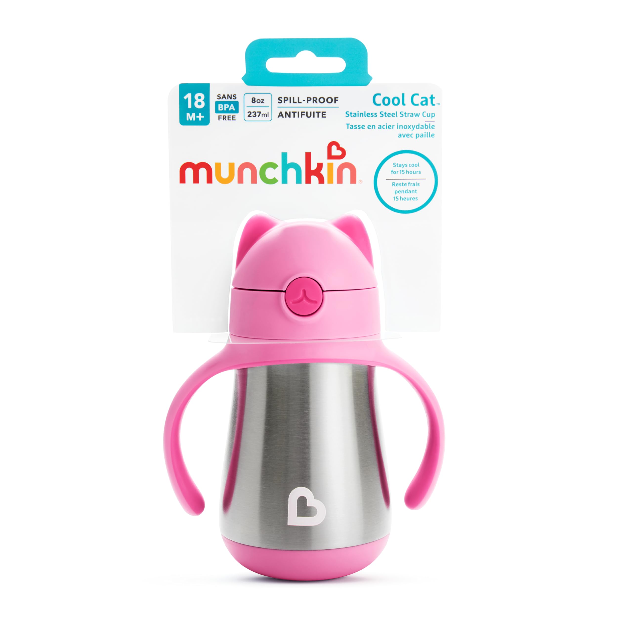 Munchkin Cool Cat Sippy Cup for Toddlers, Stainless Steel Straw Cup, 8 Ounce, Pink