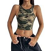 SHENHE Women's Crew Neck Camo Print Sleeveless Fitted Grapic Crop Tank Summer Tops