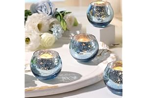 Volens Round Blue Votive Candle Holders Set of 12, Blue Wedding Centerpiece Table Decorations, Mercury Glass Tealight Candle Holder for Bridal Shower, Baby Shower & Home Decor