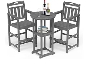 SUUNYN HDPE Outdoor Patio Bar Set with Bar Height Table and 2 Adirondack Chairs, All-Weather High Top Outside Round Pub Furniture for Bistro, Garden, Backyard, Deck | 3-Pieces, Grey