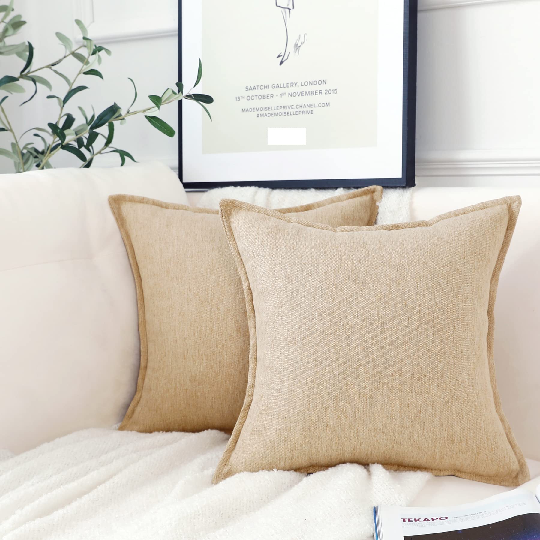 LIGICKY Set of 2 Neutral Linen Cushion Covers 20x20 Inch Light Tan Decorative Throw Pillow Covers for Living Room Couch Bed Sofa Rustic Farmhouse Boho Home Decor