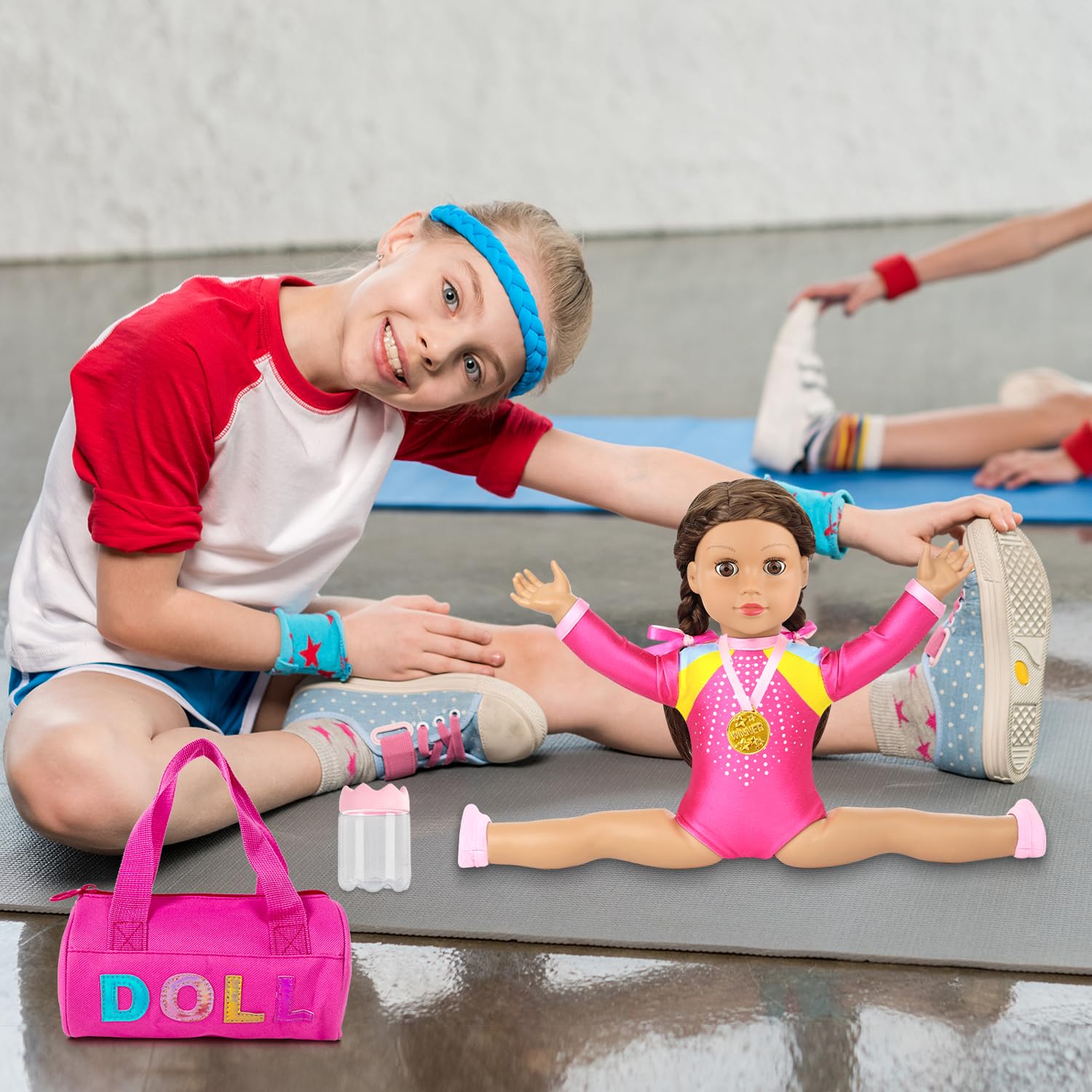 K.T. Fancy 18 Inch Doll Gymnastics Clothes Set - Pink Leotard, Shoes, Gym Bag, Olympic Medal, Water Bottle & Hair Accessories for Play（Doll Not Included）