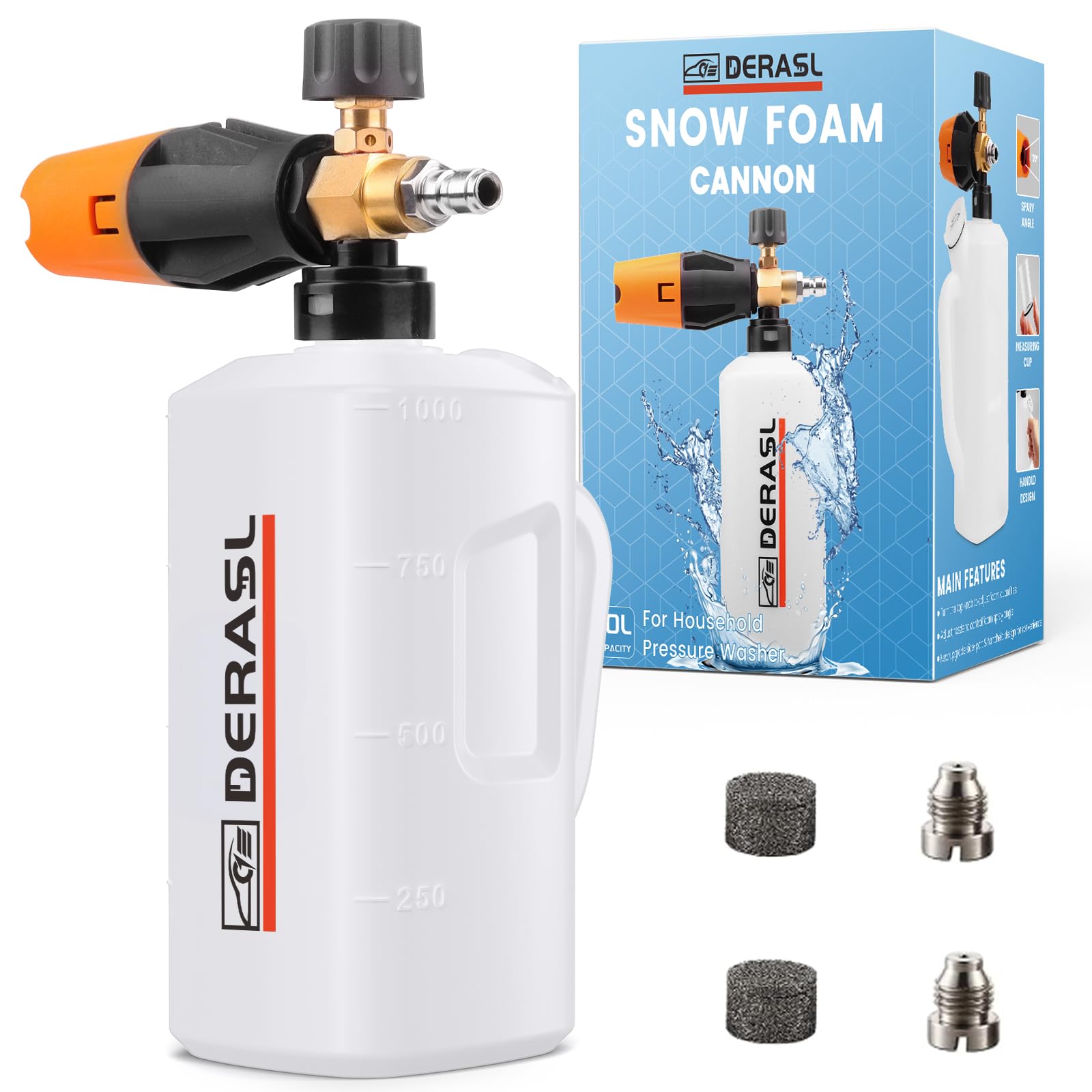 DERASL 1L Foam Cannon for Pressure Washer - Adjustable Nozzle, 1/4" Quick Connect, Snow Foam Lance for Car Wash, Additional 1.1mm & 1.35mm Orifices, Mesh Filter