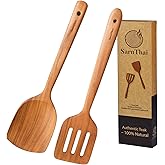 SarnThai Wooden Spatula Set of 2 – Solid & Slotted Teak Turners, Long Handle Wooden Cooking Utensils for Stir-Fry and Serving, Gentle on Cookware, Durable and Handmade by Thai Artisans
