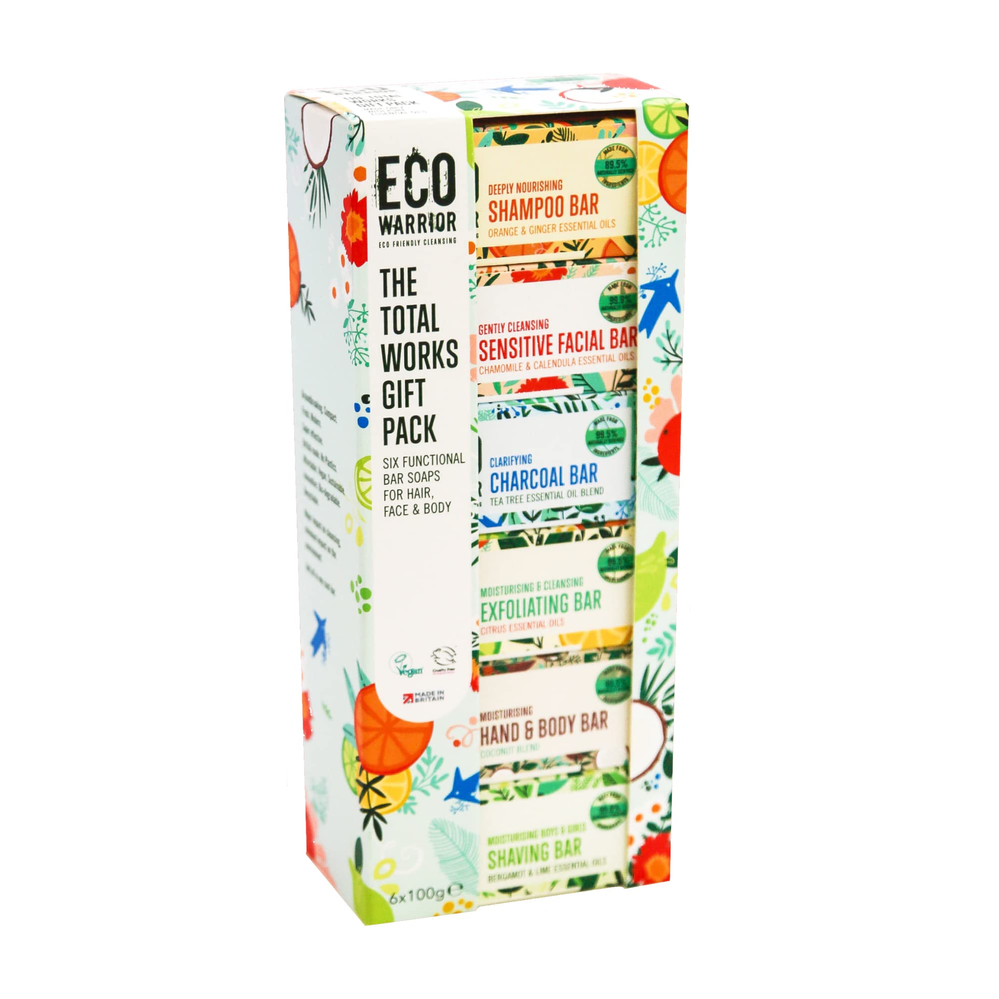 Eco Warrior Total Works Gift Pack - Shampoo Bar, Sensitive Face Bar, Hand & Body, Charcoal, Exfoliating and Shaving Soap - Natural, Eco Friendly, Vegan, Cruelty Free Soap Bars, 100g (Pack of 6)