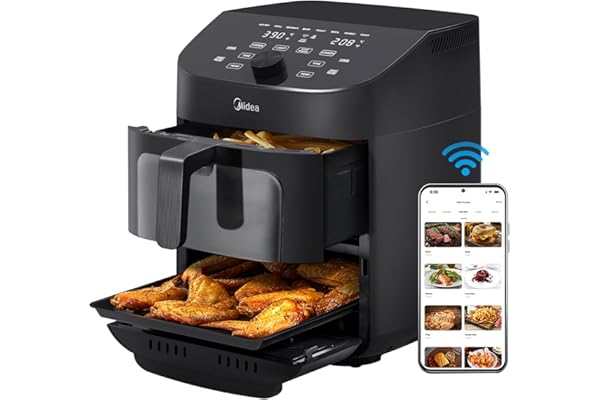 Midea Dual Basket Air Fryer Oven 11 Quart 8 in 1 Functions, Clear Window, Smart Sync Finish, Works with Alexa, Wi-Fi Connecti