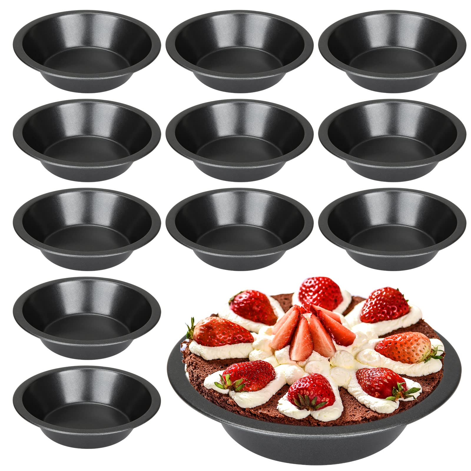 GOYADA 12PCS Pie Dishes, Mini Quiche Dishes Individual Round, Carbon Steel Non Stick Mini Tart Tins, Small Individual Pudding Pie Tins Dishes for Oven Baking (12.7x8x3cm)