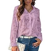 Sunshine swing Women's White Elegant Sexy See Through Blouse Shirt Long Sleeve Jacquard Turn-Down Button Down Shirt Top