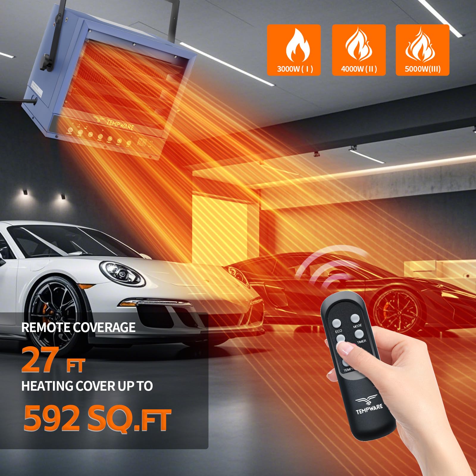 Garage Heater Electric 240V, 5000-Watt Hardwired Ceiling Mount Shop Heater with Remote, Digital Fan Forced 240 Volt Workshop Heater for Indoor Use with Overheat Protection and 12-Hour Timer