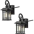 zeyu 2 Pack Outdoor Light with Built-in GFCI Outlet - Exterior Light Fixture for Front Porch House with Seeded Glass, Black Finish, ZW40B-G-2PK BK