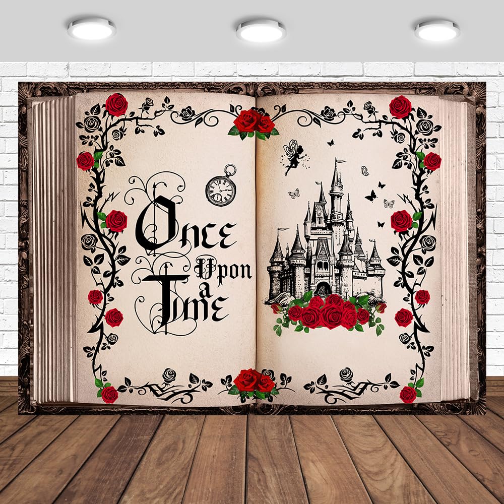 Photo 1 of Tcoyodw Once Upon a Time Backdrop 10x7ft Princess Castle Red Roses Fairytale Theme Wedding Bridal Shower Decorations Photography Background Cake Table Banner Photo Props (10x7ft)