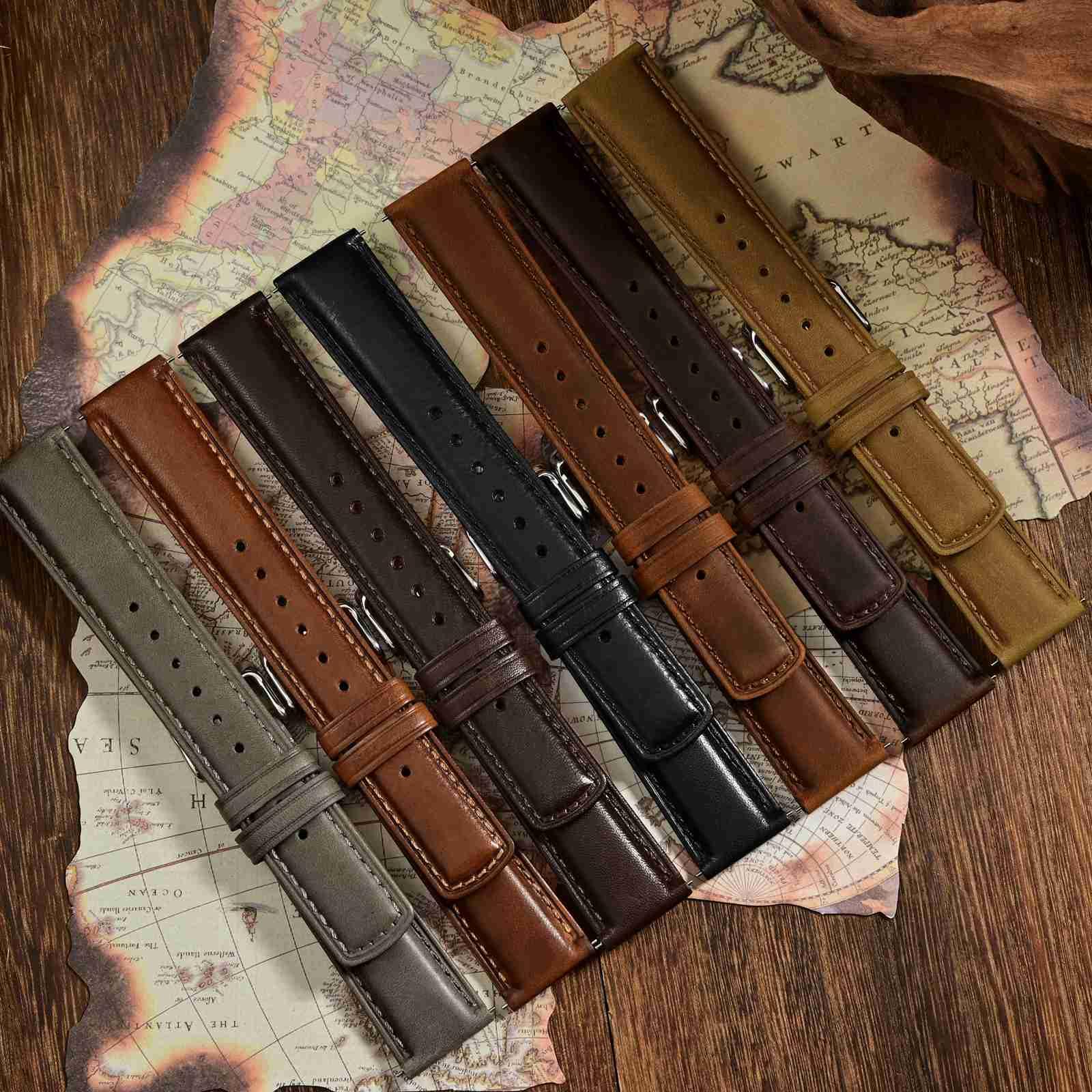 WOCCI Quick Release Watch Band, Distressed Genuine Leather, Stainless Steel Buckle, Strap Width 18mm 19mm 20mm 22mm 24mm