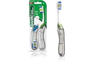 GUM Folding Travel Toothbrush, Compact Head + Tongue Cleaner, Soft Bristled Travel Toothbrushes for Adults, 2 Count