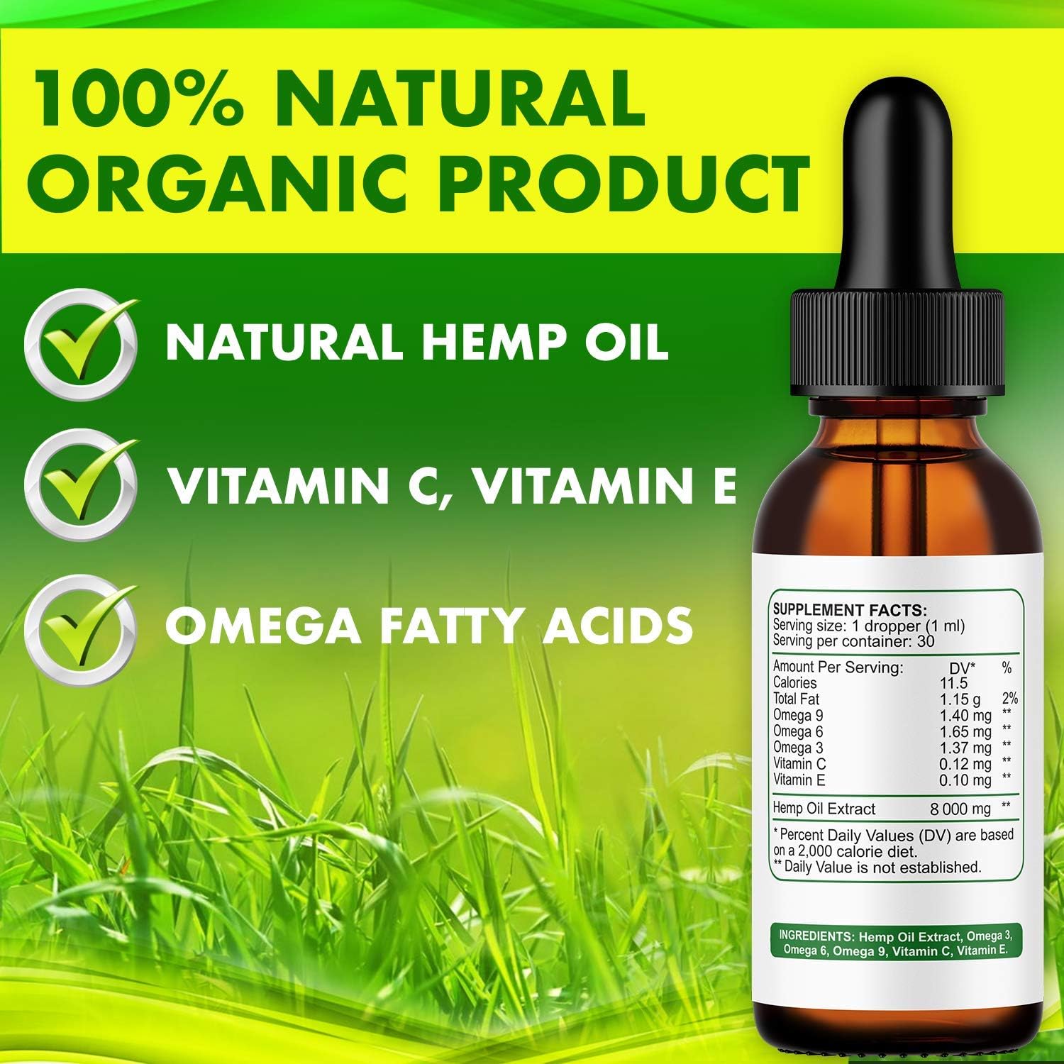 Hemp Oil Drops 240 000 mg, 100% Natural Extract, Anti-Anxiety and Anti-Stress, Natural Dietary Supplement, Rich in Omega 3&6 Fatty Acids for Skin & Heart Health, Vegan Friendly: Health & Personal Care
