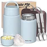Bolu Fly 2 Pack Soup Thermo for Hot Food for Adults, Insulated Food Jar, Stainless Steel Vacuum Thermal Lunch Box Containers with Carry Bag and Spoon (18.5oz, 27oz) (Blue)