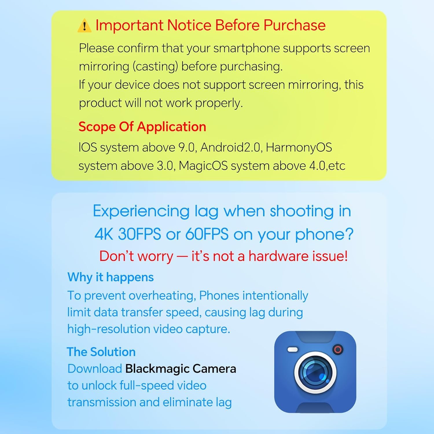 Vlog Selfie Monitor Screen iPhone, 4K 60fps Recording, Wireless Screen Mirroring with Remote Control, Magnetic Fixation, 180° Rotation, 3 Levels of Brightness, Compatible with iPhone & Android