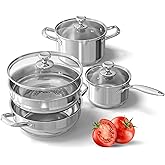 Pots and Pans Set,7-Piece Stainless Steel Cookware Set,Cooking Pot Set Includes Saucepans,Stockpot,Steamer For Cooking,Glass 