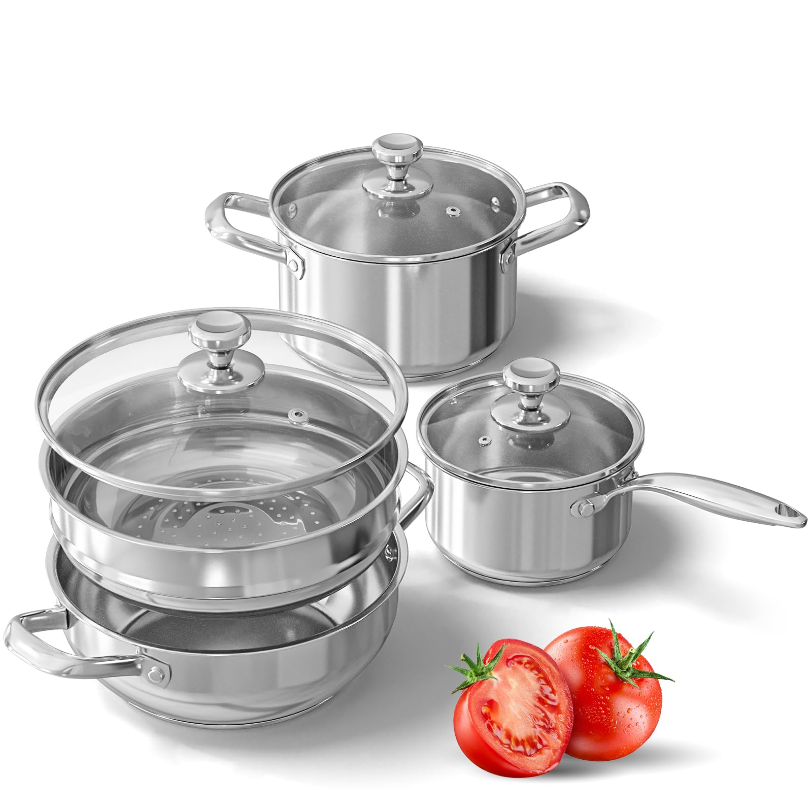 Photo 1 of Pots and Pans Set,7-Piece Stainless Steel Cookware Set,Cooking Pot Set Includes Saucepans,Stockpot,Steamer For Cooking,Glass Lid,Dishwasher Safe and Oven Safe