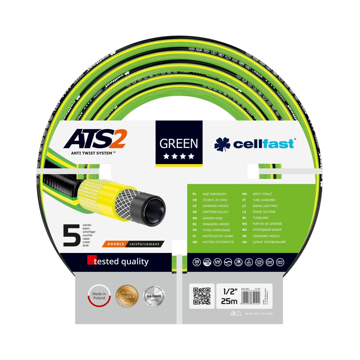 Cellfast Garden Hose GREEN ATS2 25m, Five-Layer Hose, Knots Resistant, Double Cross-Tricot Reinforcement, Anti-Twist, 25m x 1/2, 15-100