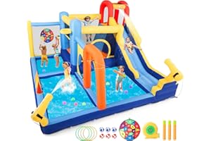 JOYLDIAS Inflatable Water Slide,Water Park Bounce House,Slide Bouncer Castle Playhouse w/Splash Pool, Climbing Wall, Trampoline，Felt Ball Target, Ring Toss Game for Kids Outdoor Fun, 550W Air Blower